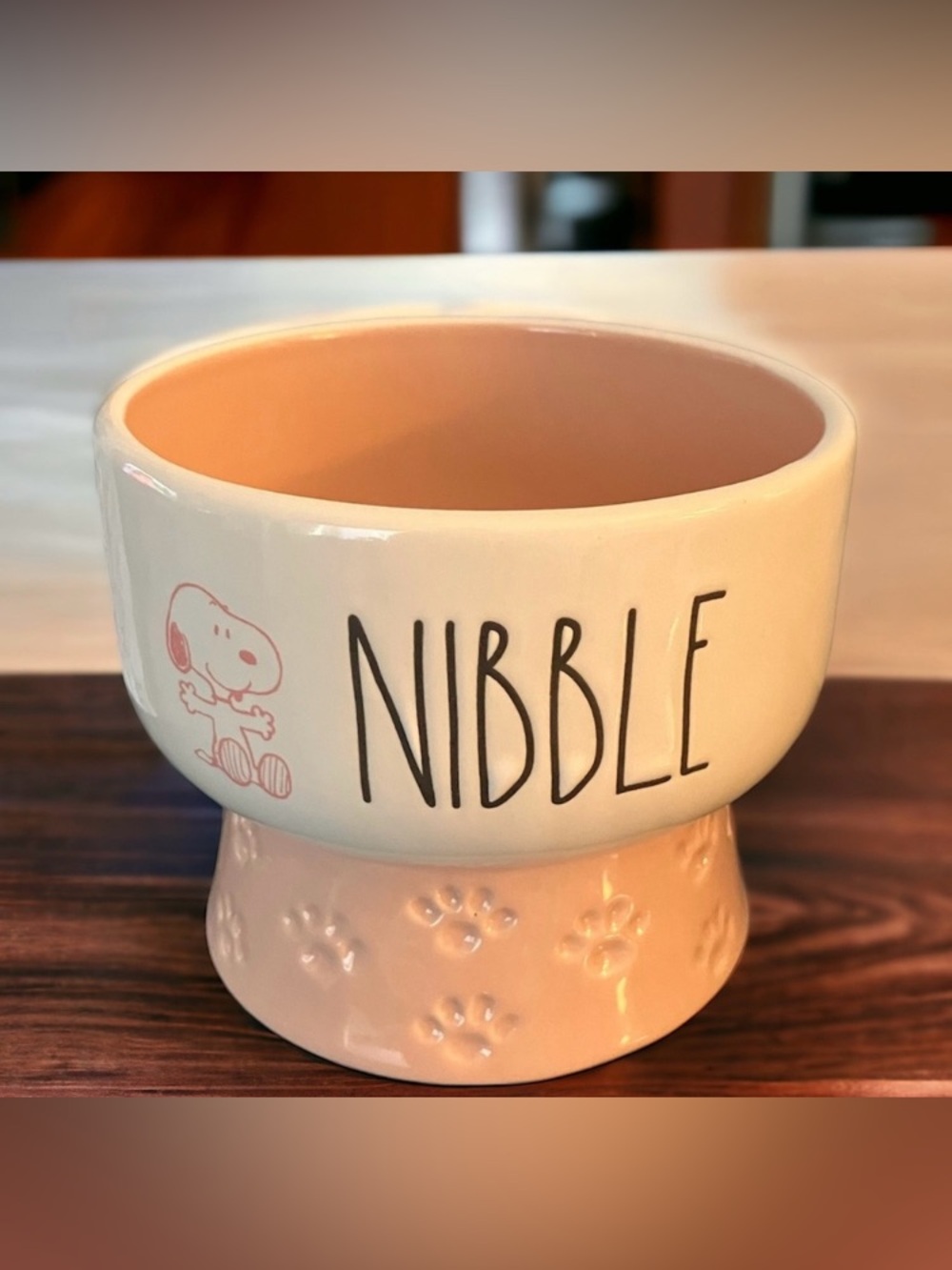 NEW Rae Dunn & Peanuts "NIBBLE" Pet Food Dish Snoopy Paw Prints
